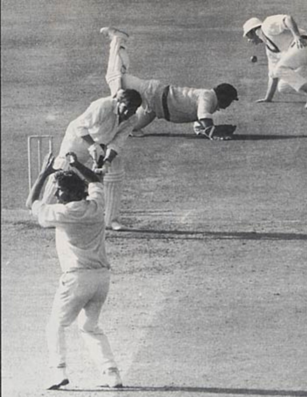 Bob Massie misses out during his 16-wicket haul as a Peter Parfitt edge evades Rod Marsh and Ian Chappell, England v Australia, Lord's , June 1972