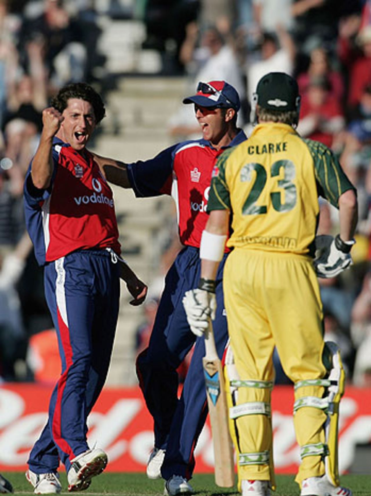 Jon Lewis celebrates his first international wicket, as Australia collapse at the Rose Bowl, England v Australia, June 13, 2005