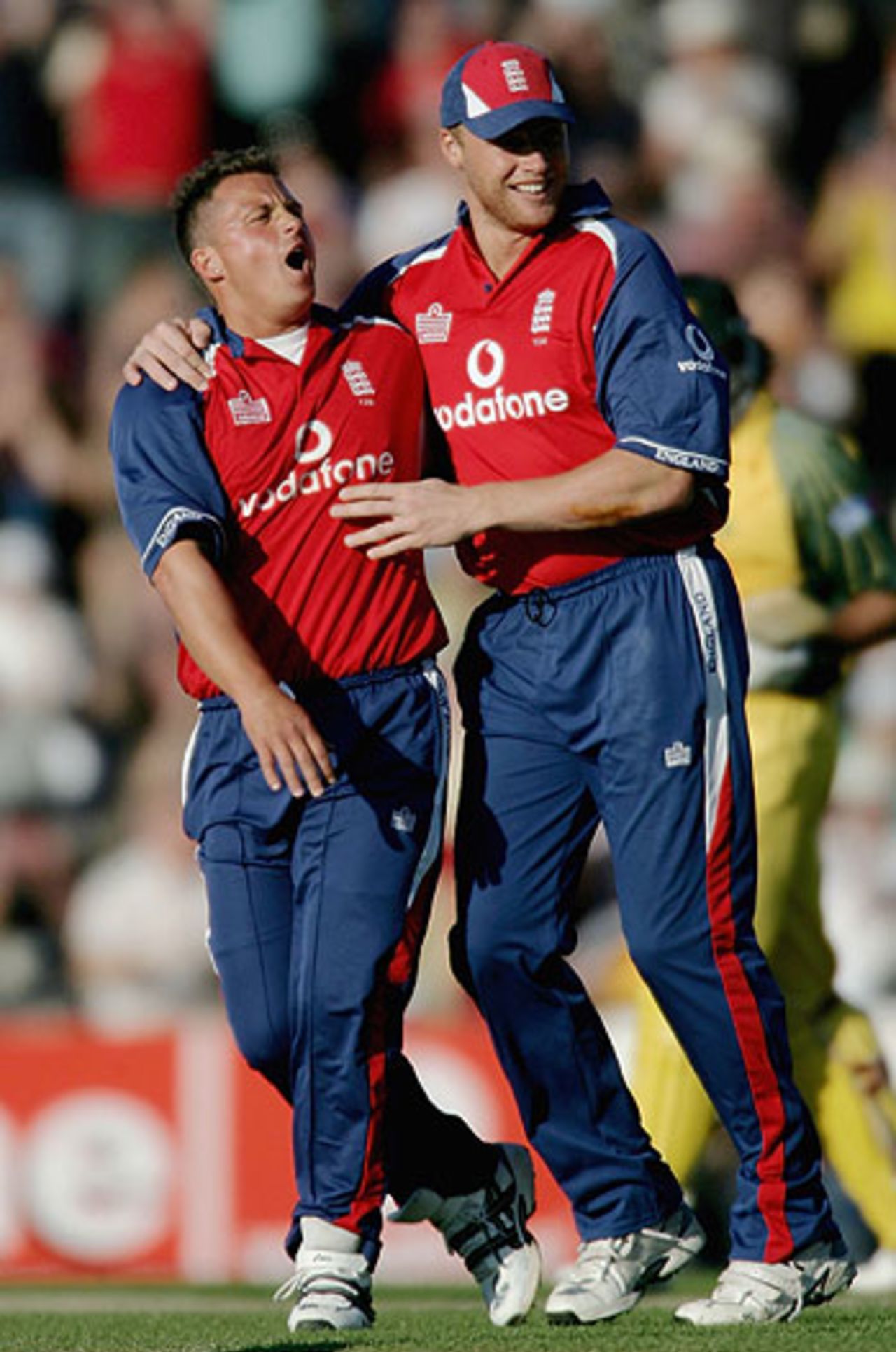 Darren Gough celebrates another wicket as Australia collapse at The Rose Bowl, June 13, 2005