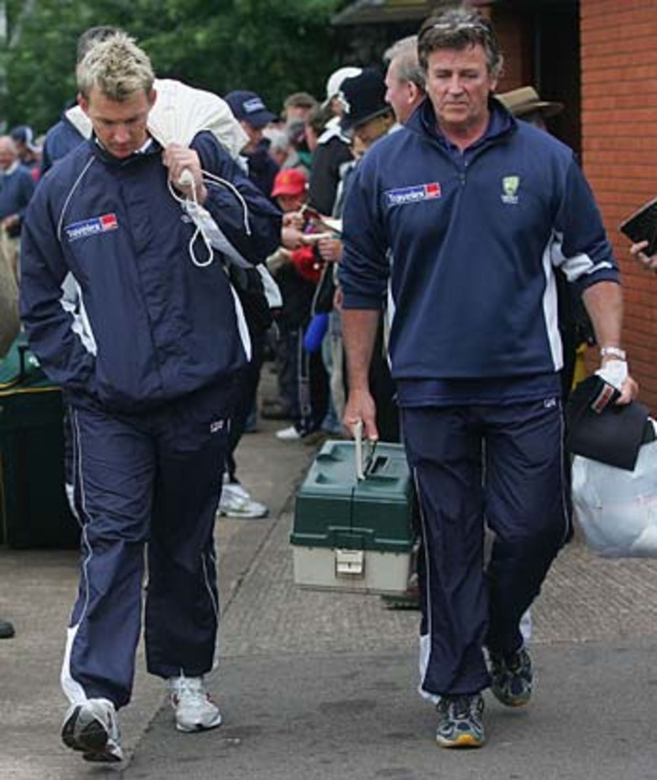 Brett Lee limps out of  the County Ground with a shoulder injury, Somerset v Australians, Taunton, June 15, 2005