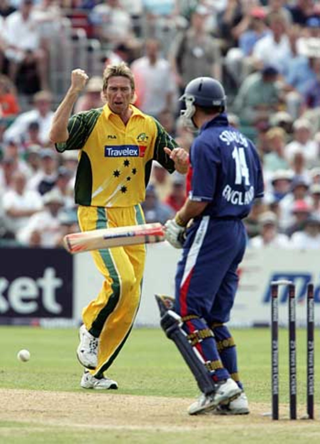 Glenn McGrath claims his second wicket as he bowls Andrew Strauss, England v Australia, NatWest Series, Bristol, June 19