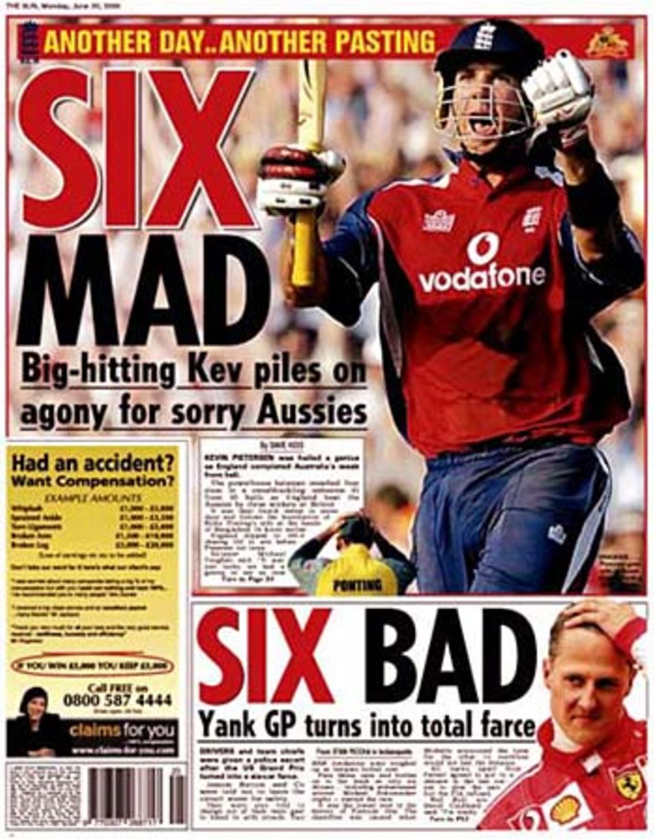 The back page of <I>The Sun</I> following England's win