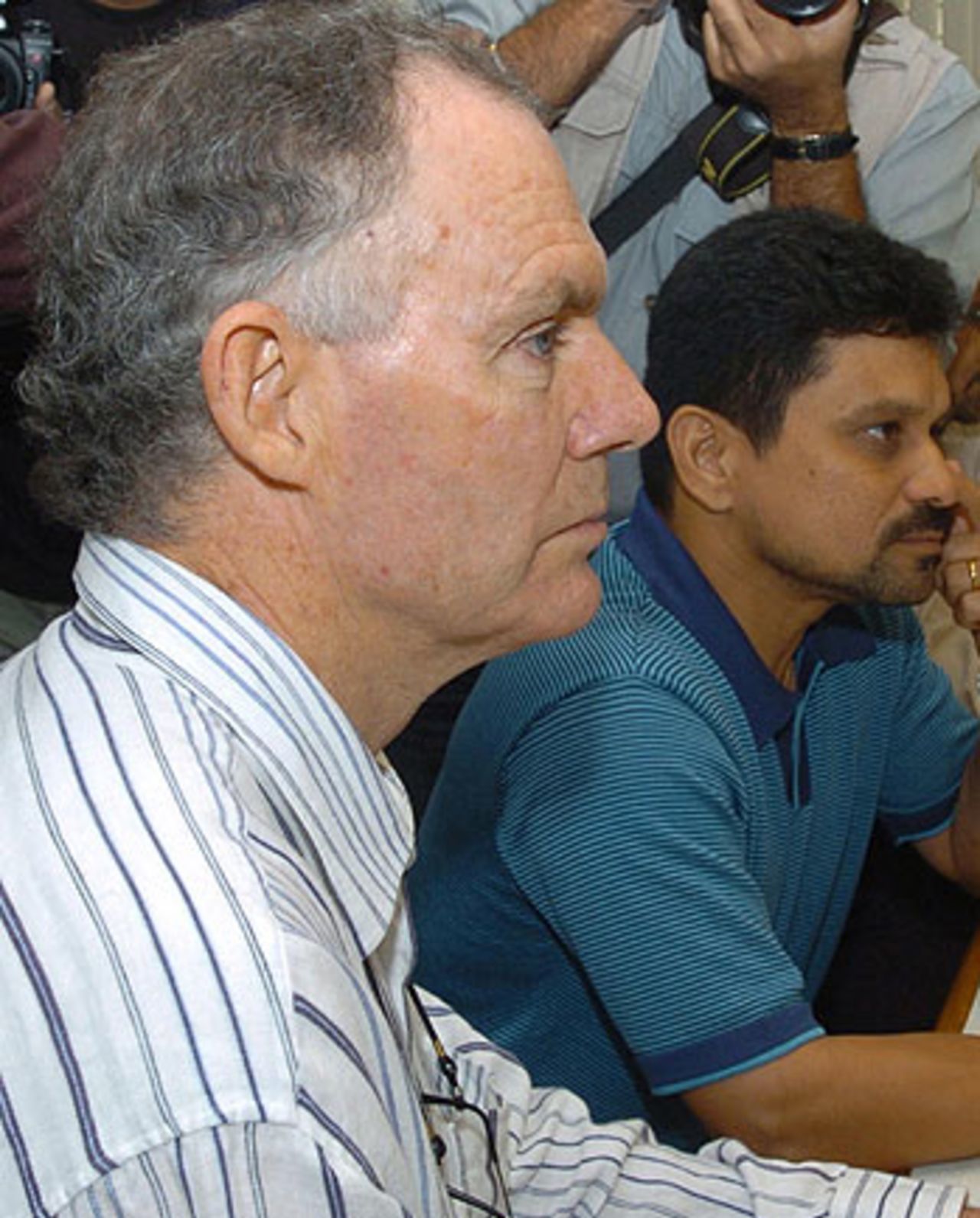 India's new coach, Greg Chappell, faces the media in Bangalore after unveiling a training squad of 36 probables, June 21, 2005