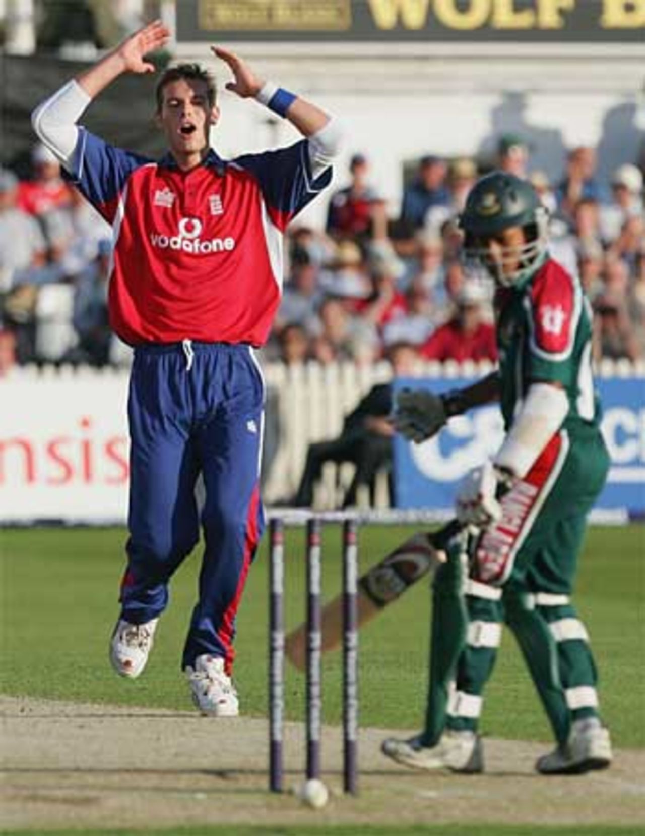 Chris Tremlett can't believe it as the hat-trick ball bounces on to the bail ... and off again, England v Bangladesh, NatWest Series, Trent Bridge, June 21, 2005