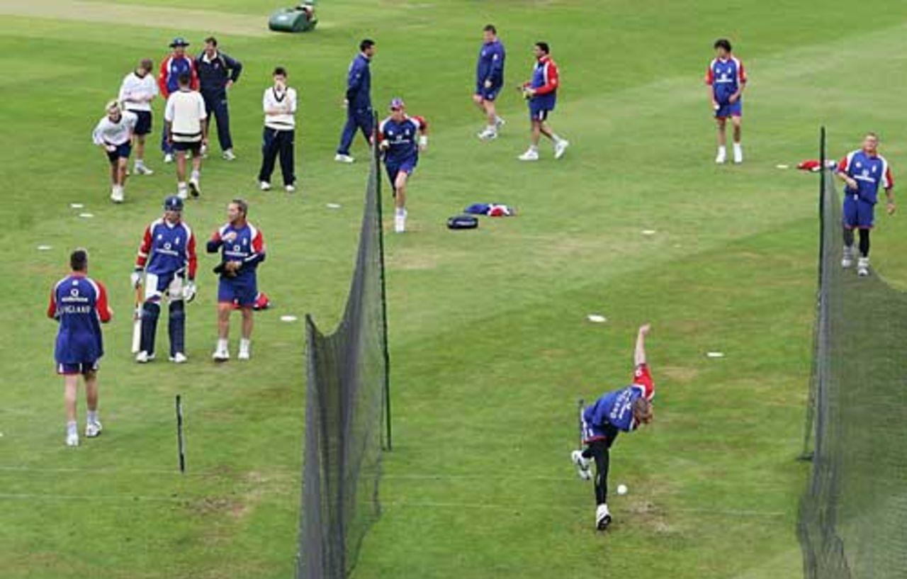 Simon Jones practices in the nets as he returns to the England squad ahead of the match against Bangladesh at Headingley, June 25