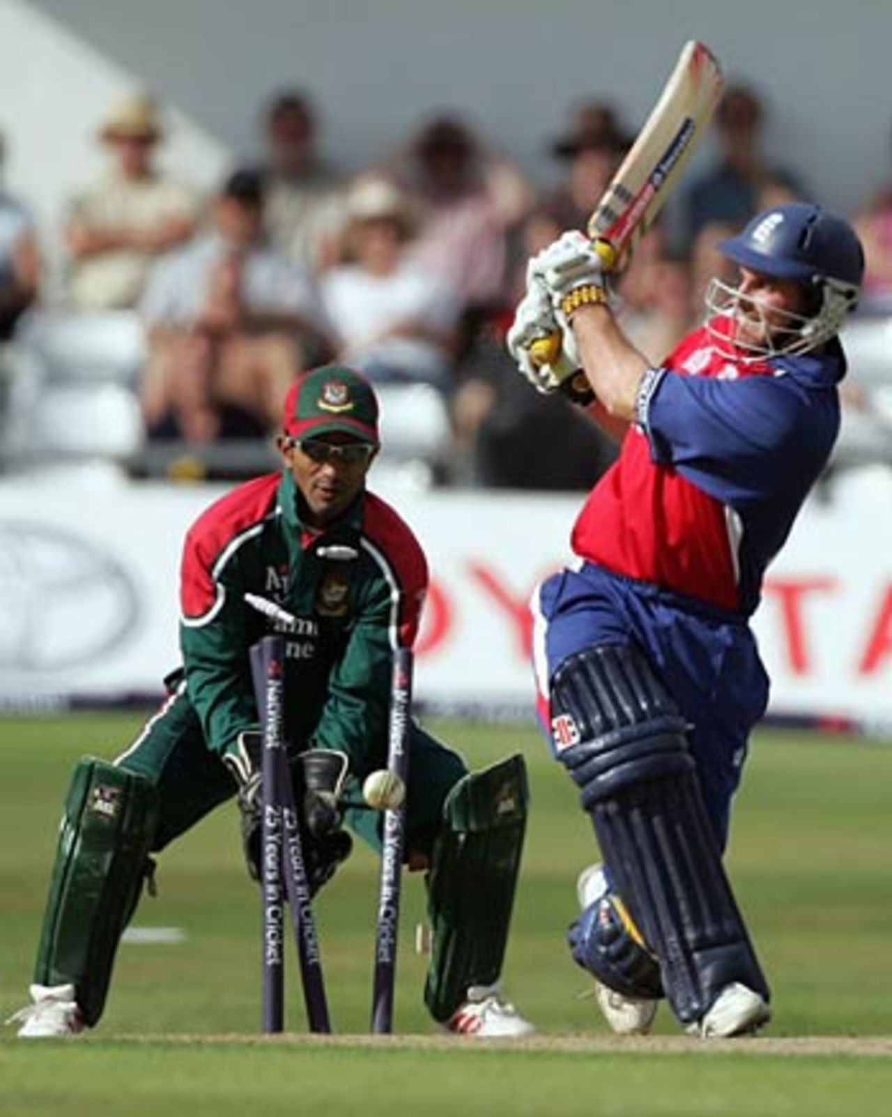 Andrew Strauss is bowled aiming for the boundary which would have brought up his hundred, England v Bangladesh, Headingley, June 26, 2005