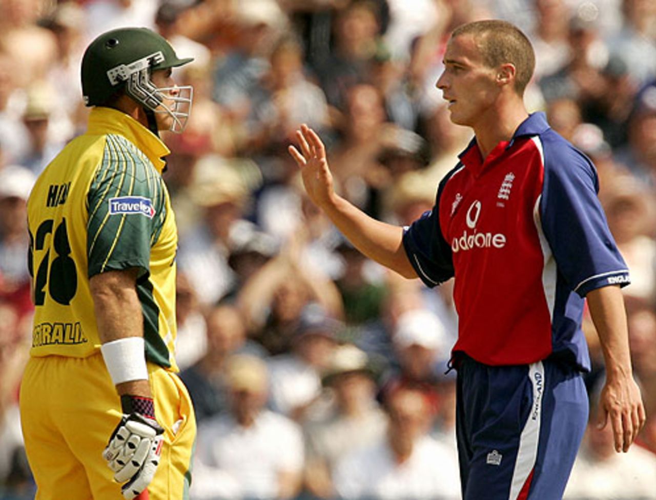 Simon Jones apologises to Matthew Hayden after striking him on the shoulder at Edgbaston, England v Australia, June 28, 2005