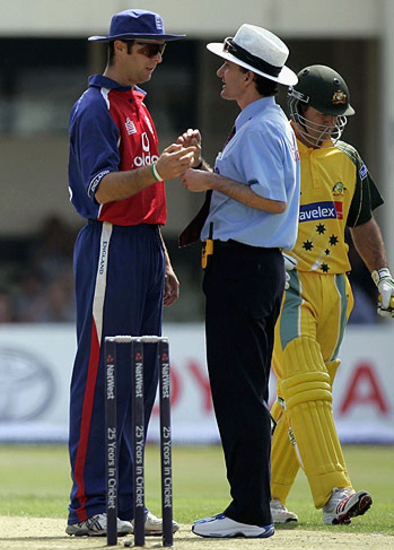 Michael Vaughan and Billy Bowden in discussion as the Hayden episode rages, England v Australia, Edgbaston, June 28, 2005