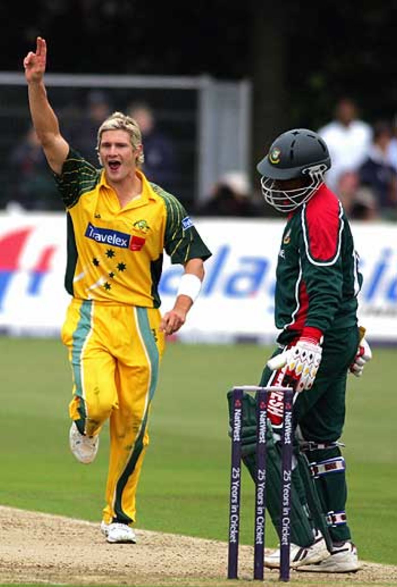 Shane Watson celebrates the wicket of Mohammed Rafique in Australia v Bangladesh one-day NatWest Series match in Canterbury, 30 June 2005
