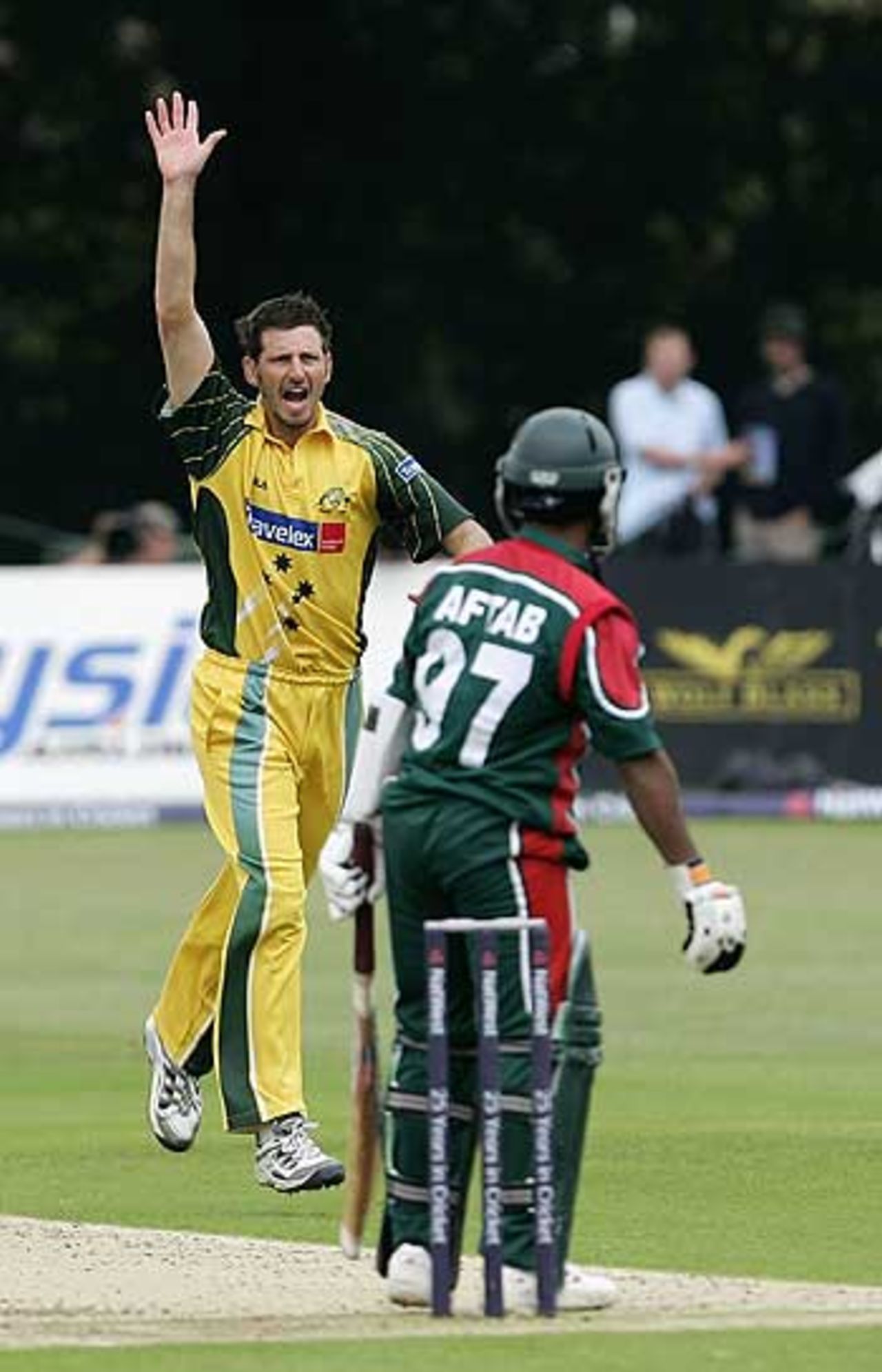 Michael Kasprowicz takes the wicket of Aftab Ahmed in Australia v Bangladesh one-day NatWest Series match in Canterbury 30 June 2005
