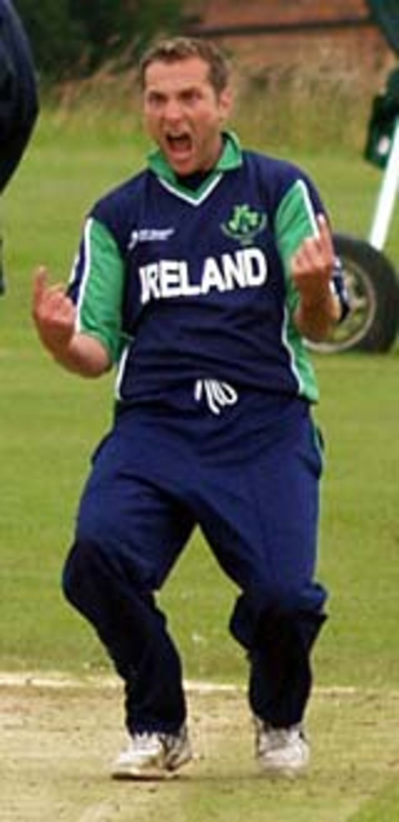 Ireland's Gordon Cooke celebrates a wicket, Ireland v Scotland,  ICC Trophy warm-up, Ireland, June 29, 2005