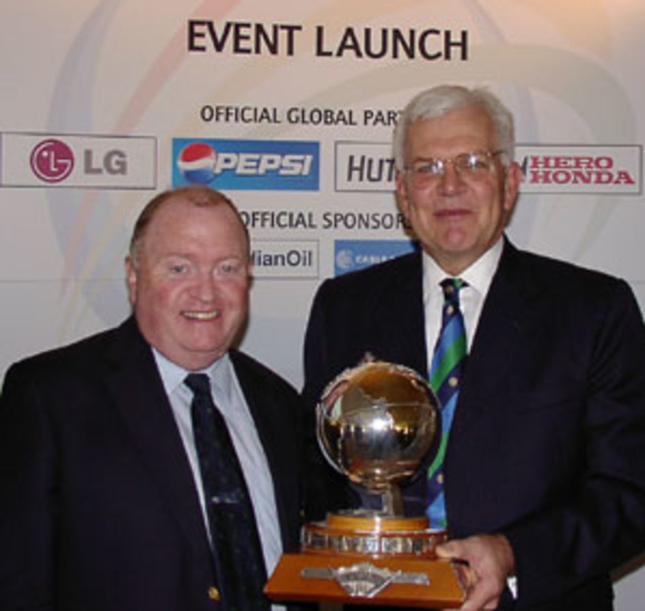 Joe Doherty, the ICU chairman, Malcolm Speed , the ICC cheif executive, at the launch of the ICC Trophy, Belfast, July 1, 2005