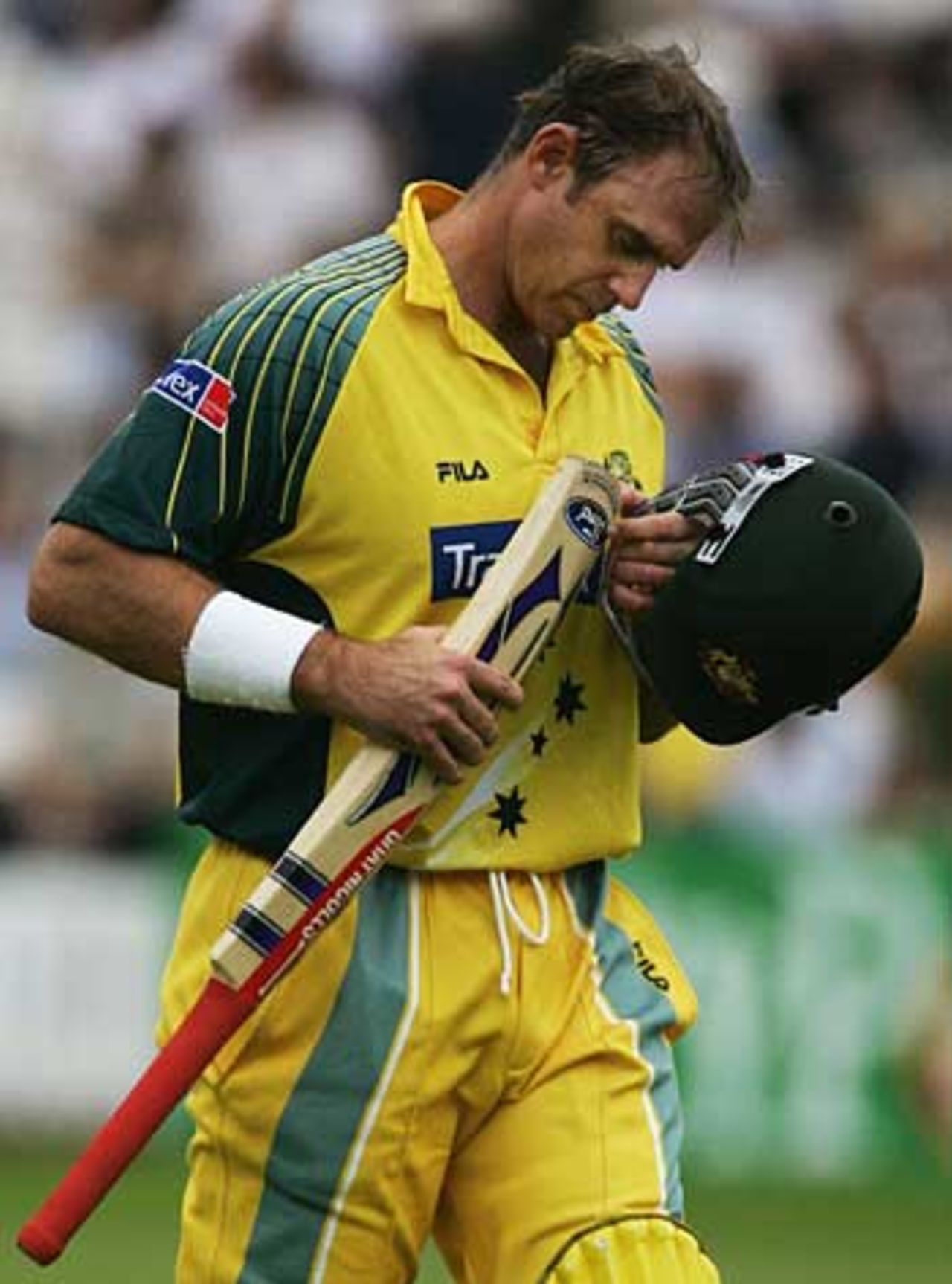 Matthew Hayden inspects his bat after being caught at mid-off, England v Australia, NatWest Series final, Lord's, July 2