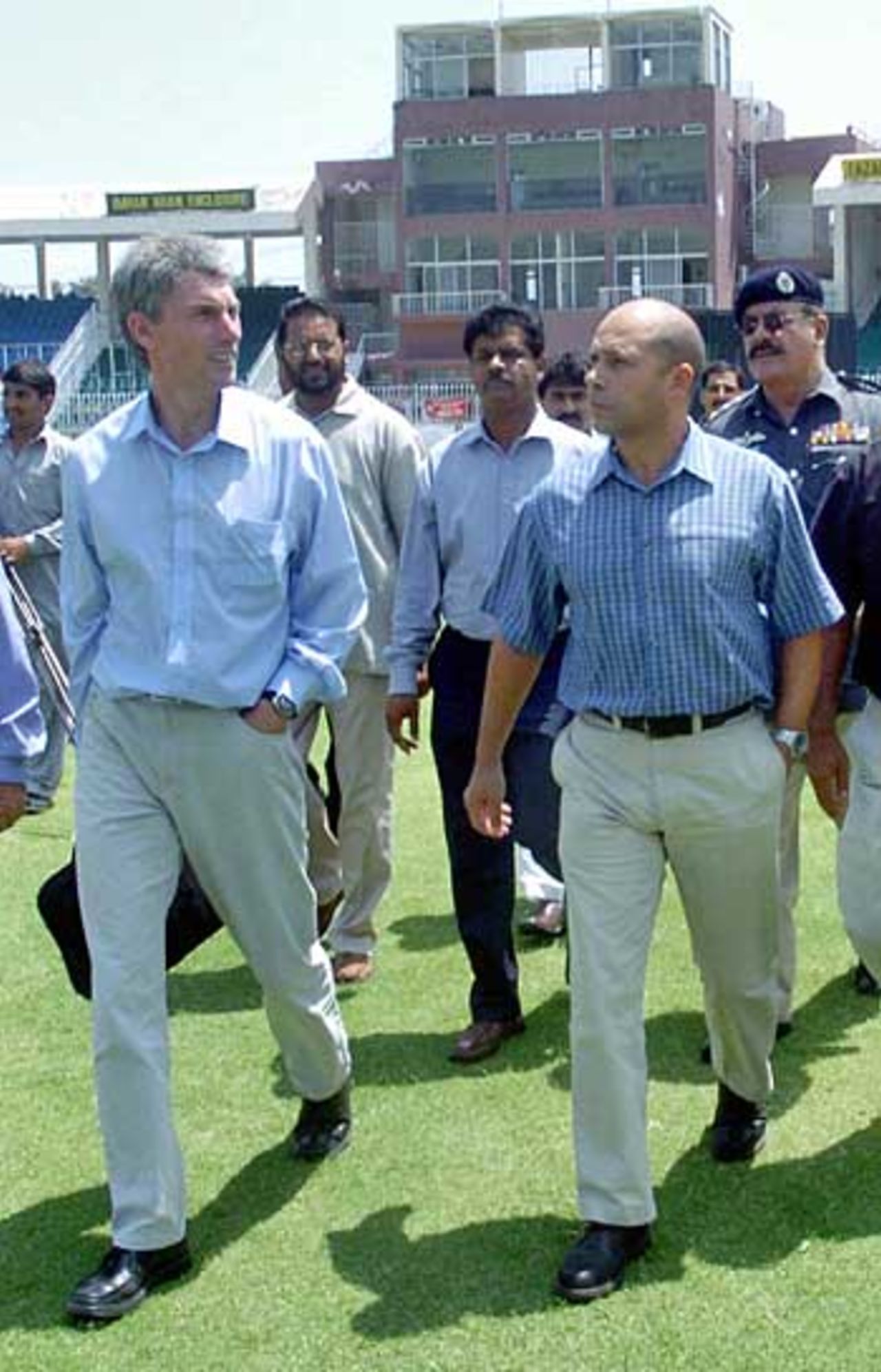 Douglas Dick and Andy Allman, the English security experts, visit the Pindi Cricket Stadium in Rawalpindi, July 2