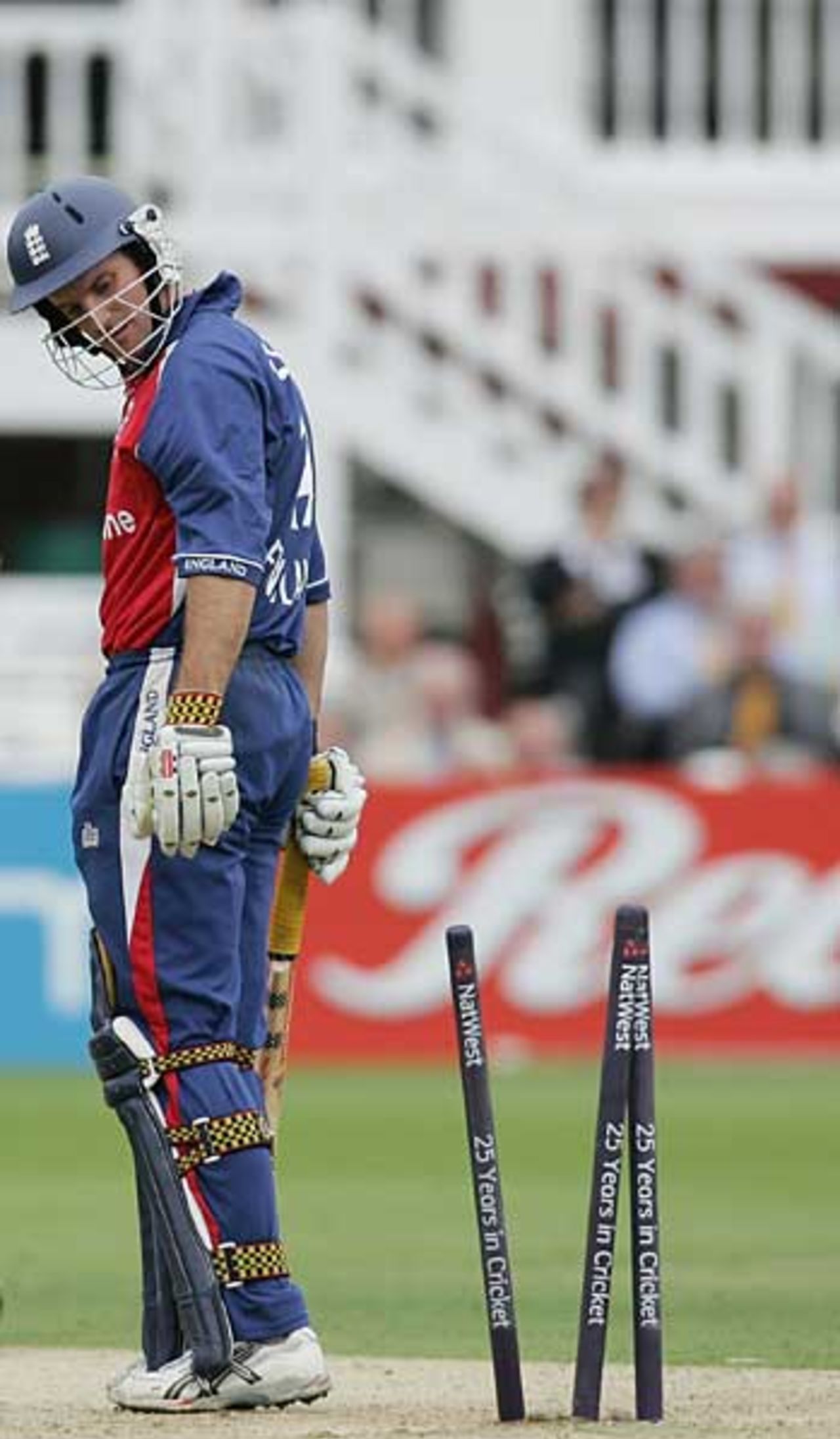 Andrew Strauss surveys the damage after being bowled by Brett Lee, England v Australia, NatWest Series final, Lord's, July 2