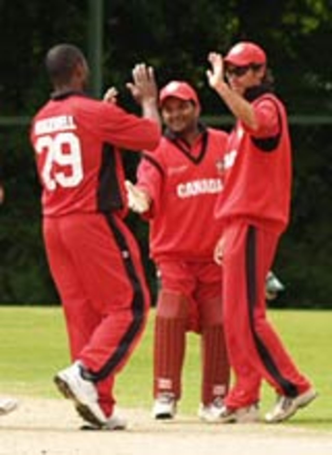 John Davison is congratulated on taking a catch, Canada v Oman, July 4, 2005