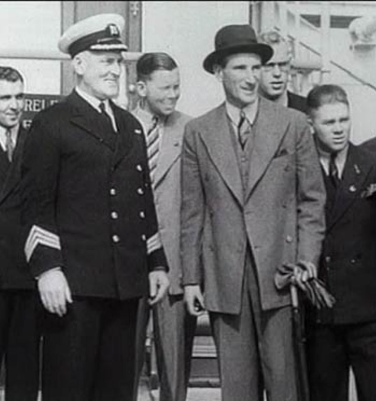 Douglas Jardine faces the media as England depart for Australia, Tilbury,  1932