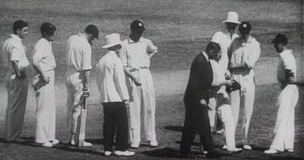 Bert Oldfield is helped off the pitch by Bill Woodfull after being struck by Harold Larwood, Australia v England, 3rd Test, Adelaide, January 16, 1933