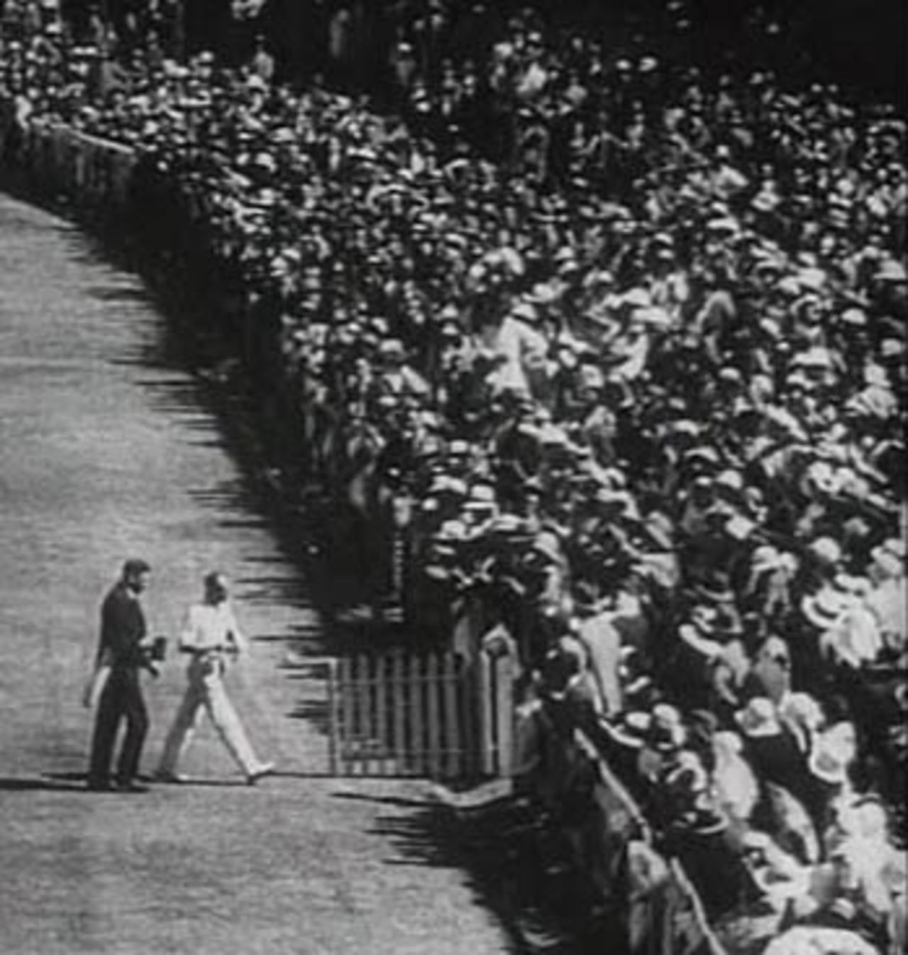 Bert Oldfield is helped off the pitch by Bill Woodfull after being struck by Harold Larwood, Australia v England, 3rd Test, Adelaide, January 16, 1933