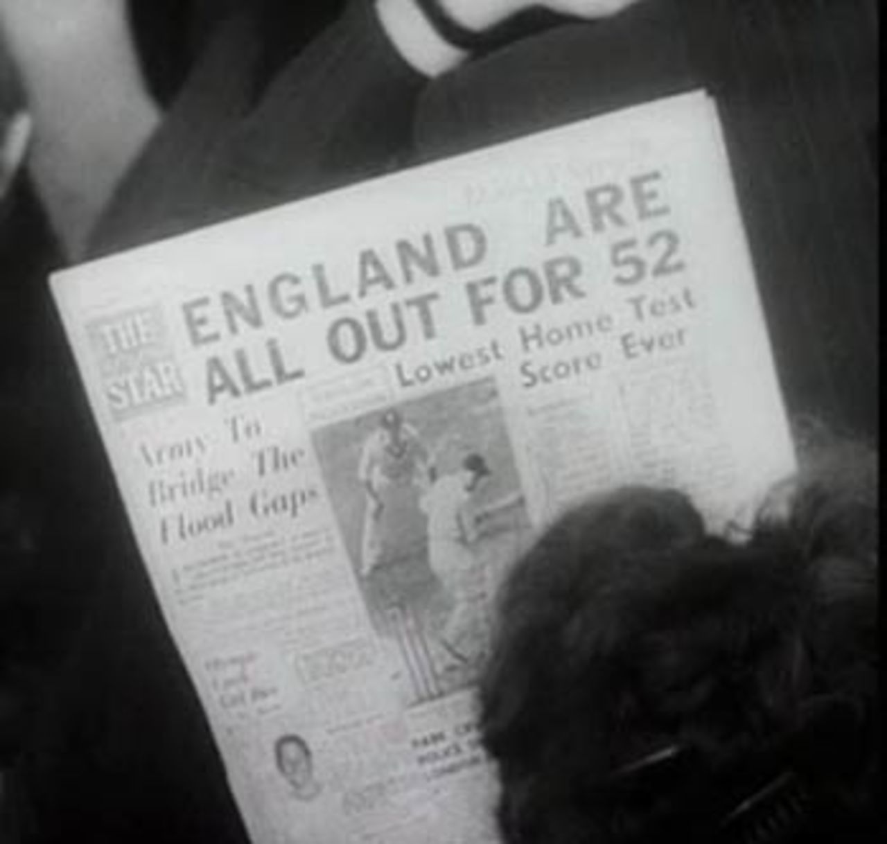The newspaper tells the story after England were bowled out for 52, England v Australia, 5th Test, The Oval, August 1948