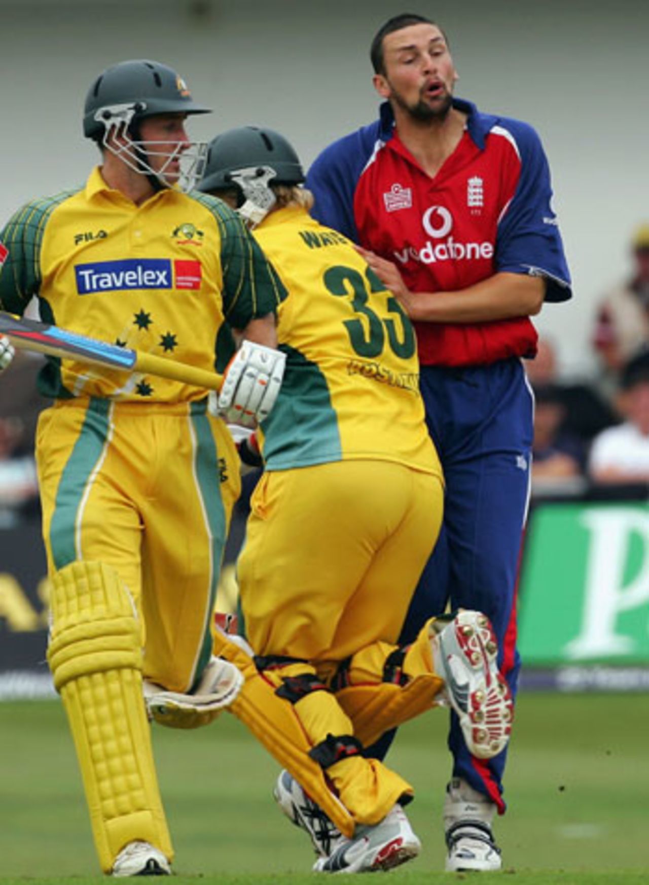 Steve Harmison collides with Shane Watson, England v Australia, Headingley, July 7, 2005