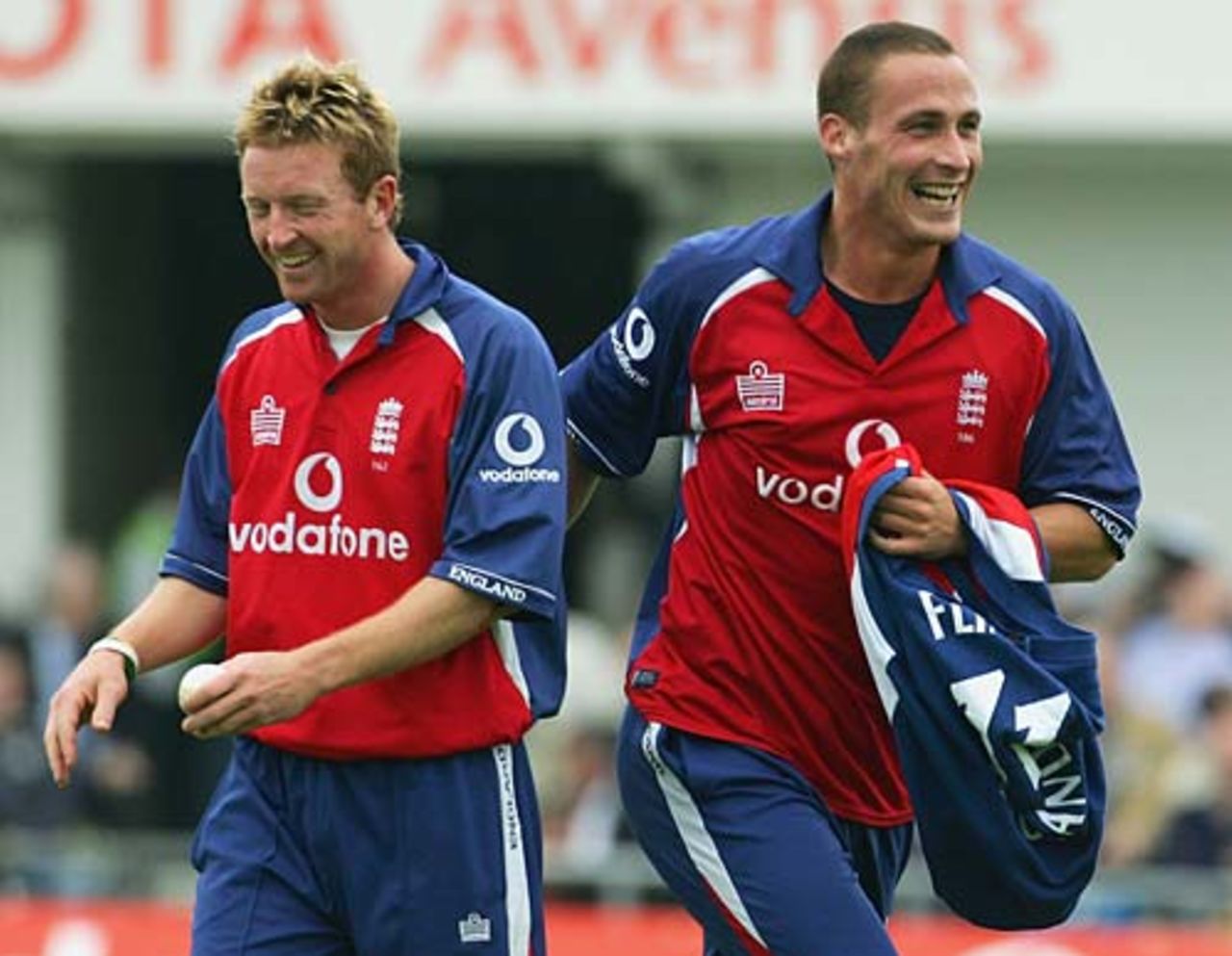 Simon Jones runs past Paul Collingwood and out of the match, England v Australia, Headingley, July 7, 2005