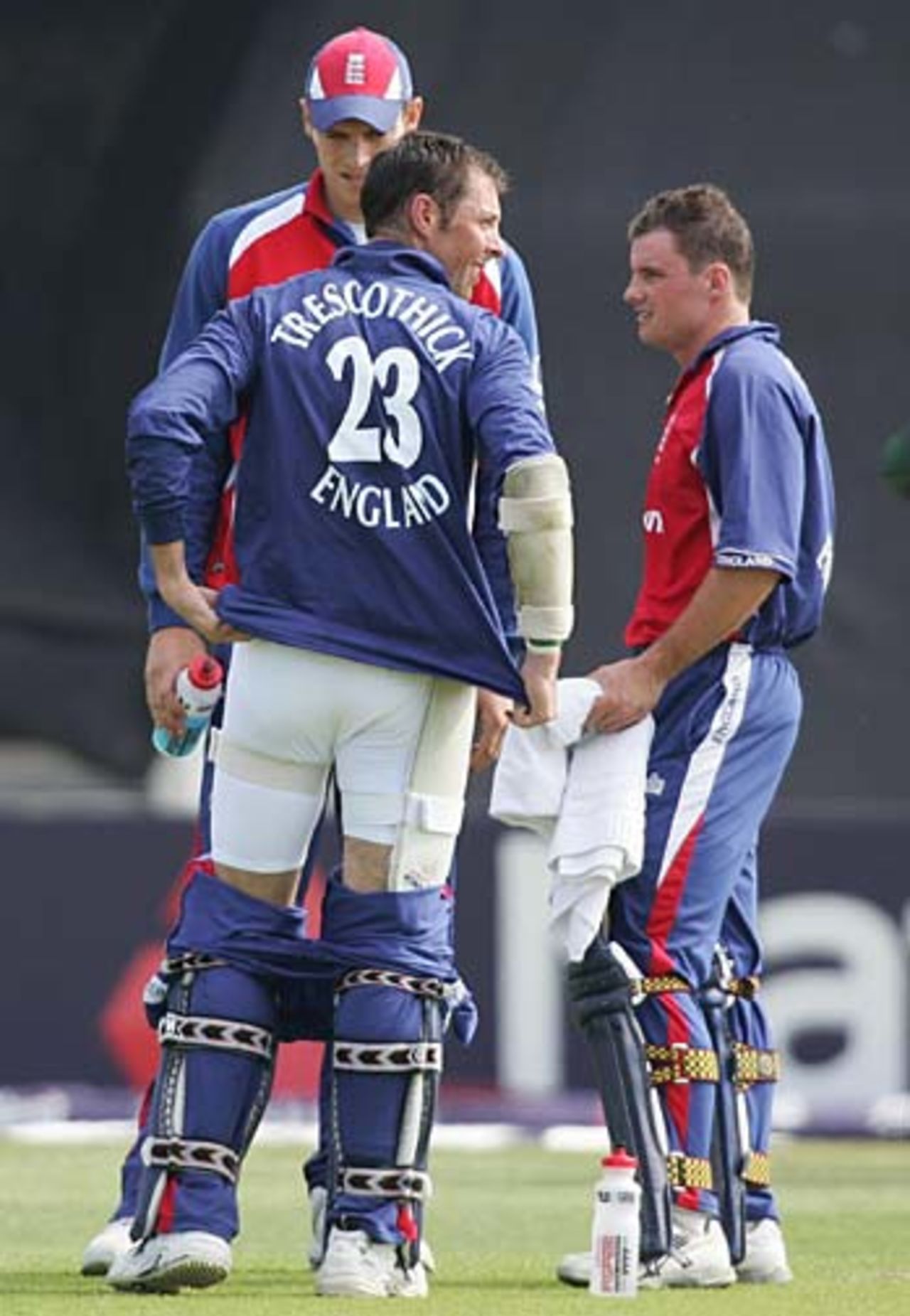 Caught with his trousers down ... running repairs for Marcus Trescothick, England v Australia, Headingley, July 7, 2005