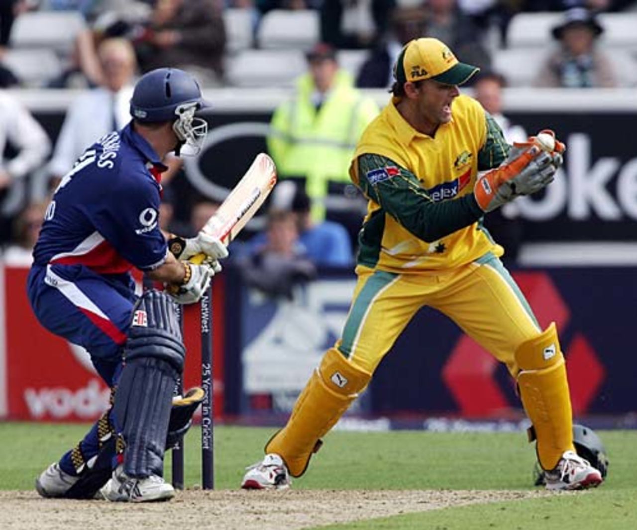 Adam Gilchrist takes a sharp catch off an Andrew Strauss reverse sweep, England v Australia, Headingley, July 7, 2005
