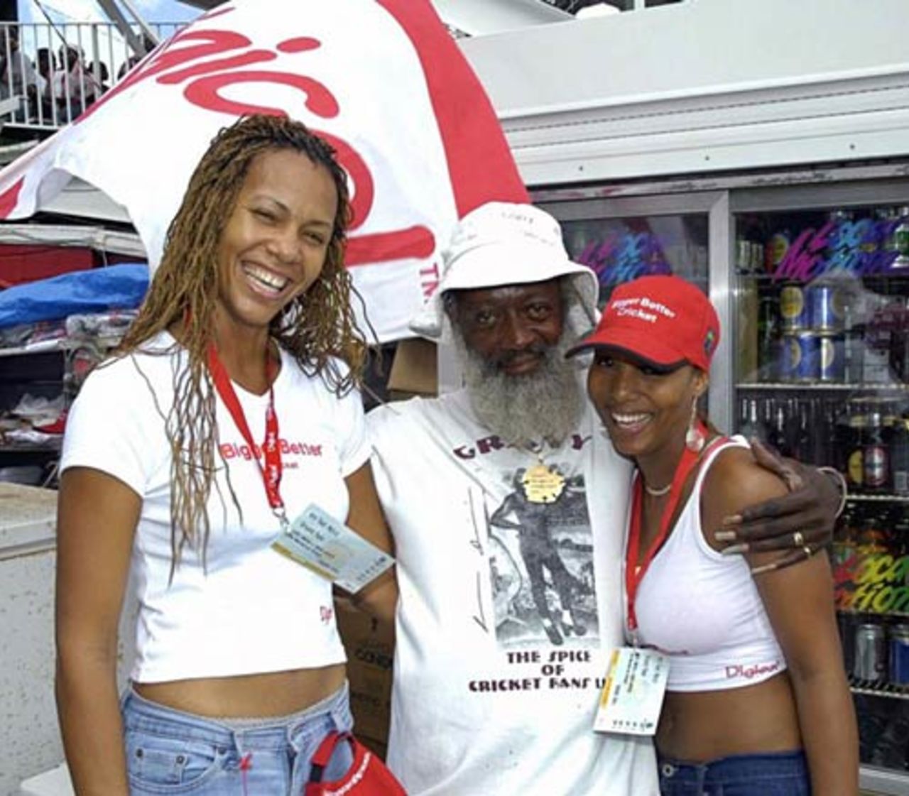 Antigua's second favourite son, Gravy, and two of the Digicel girls, April 2005