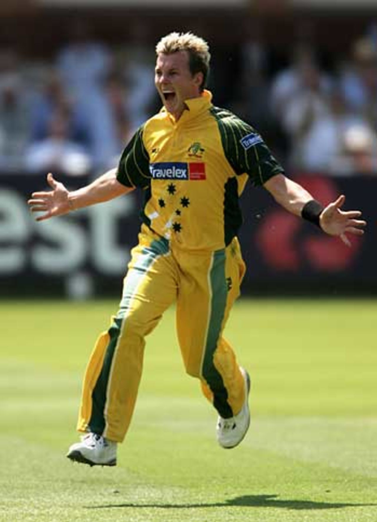 Brett Lee celebrates one of his five wickets, England v Australia, NatWest Challenge, Lord's, July 10,
