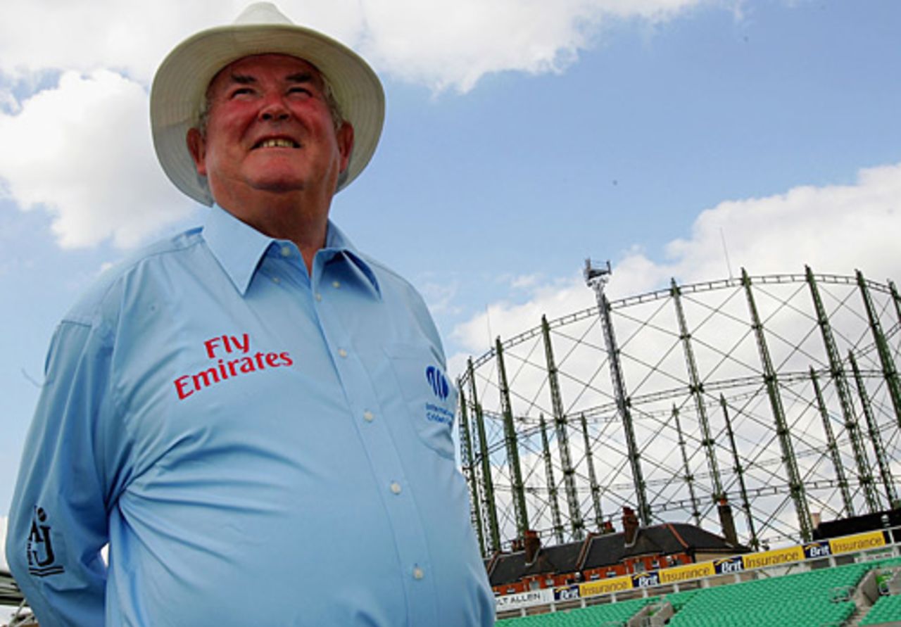 David Shepherd poses before his final international appearance tomorrow, at The Oval, July 11, 2005