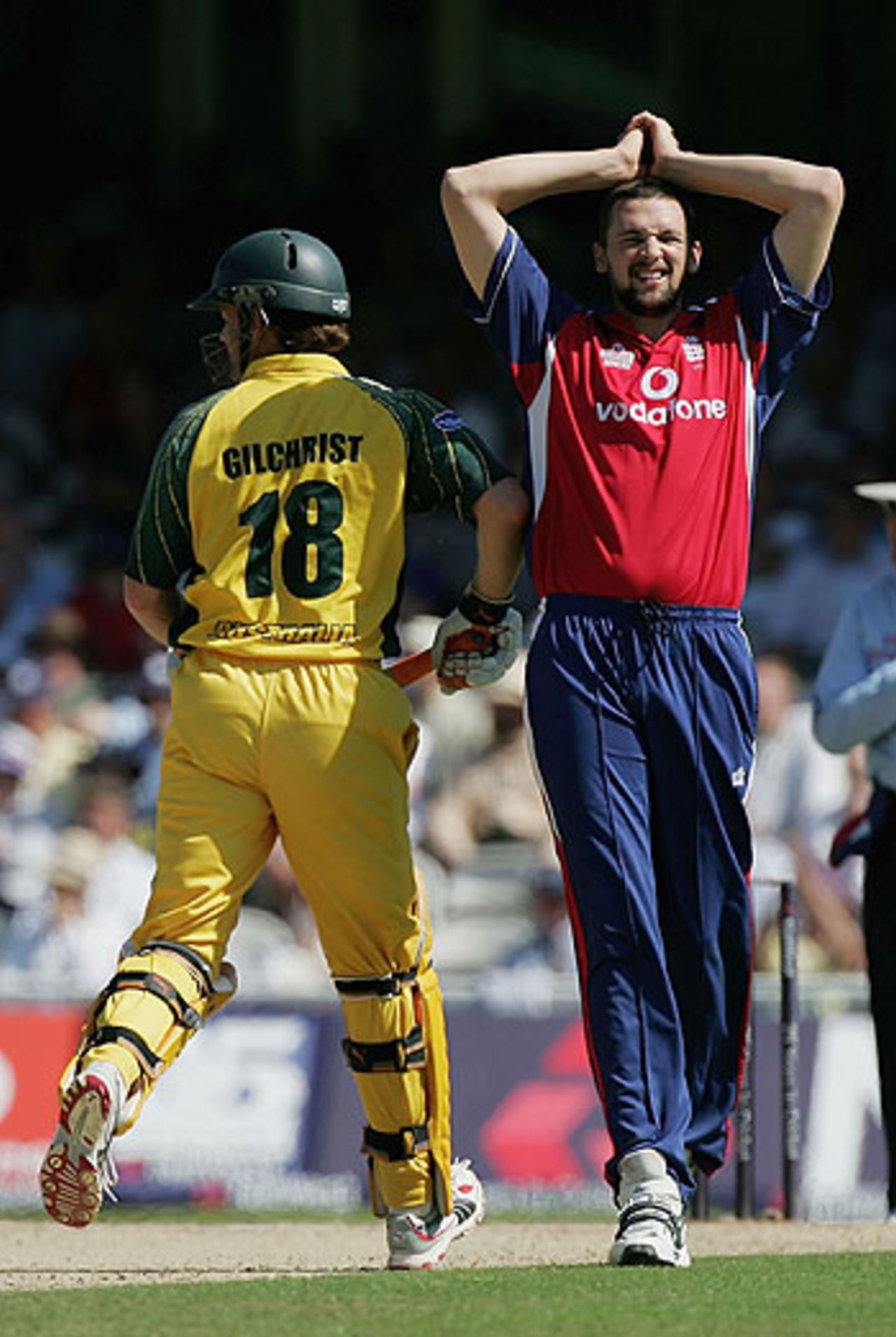 Steve Harmison grimaces as Adam Gilchrist adds to his tally, England v Australia, The Oval, July 12, 2005