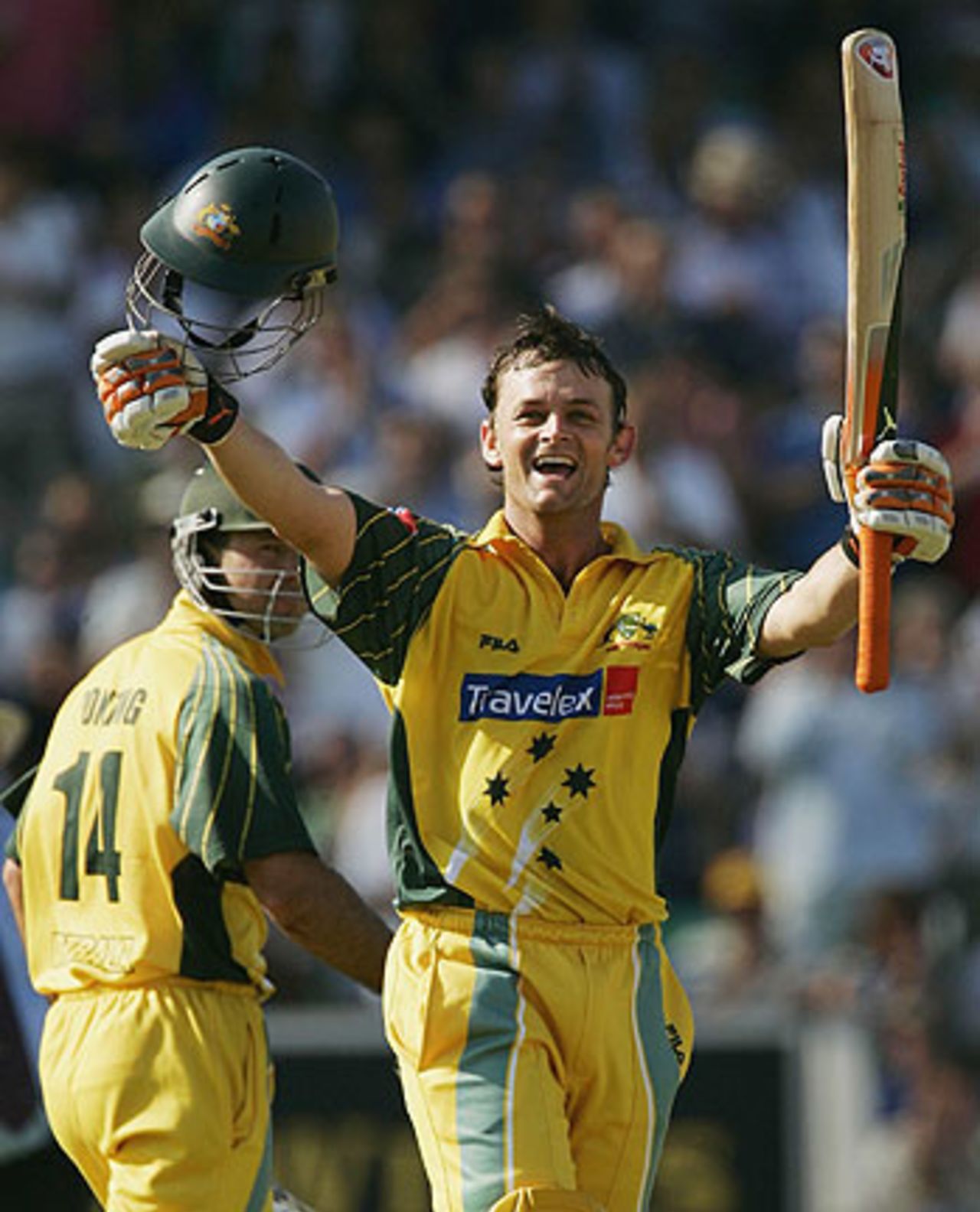 Adam Gilchrist celebrates his 11th one-day hundred, NatWest Challenge, England v Australia, The Oval, July 12, 2005