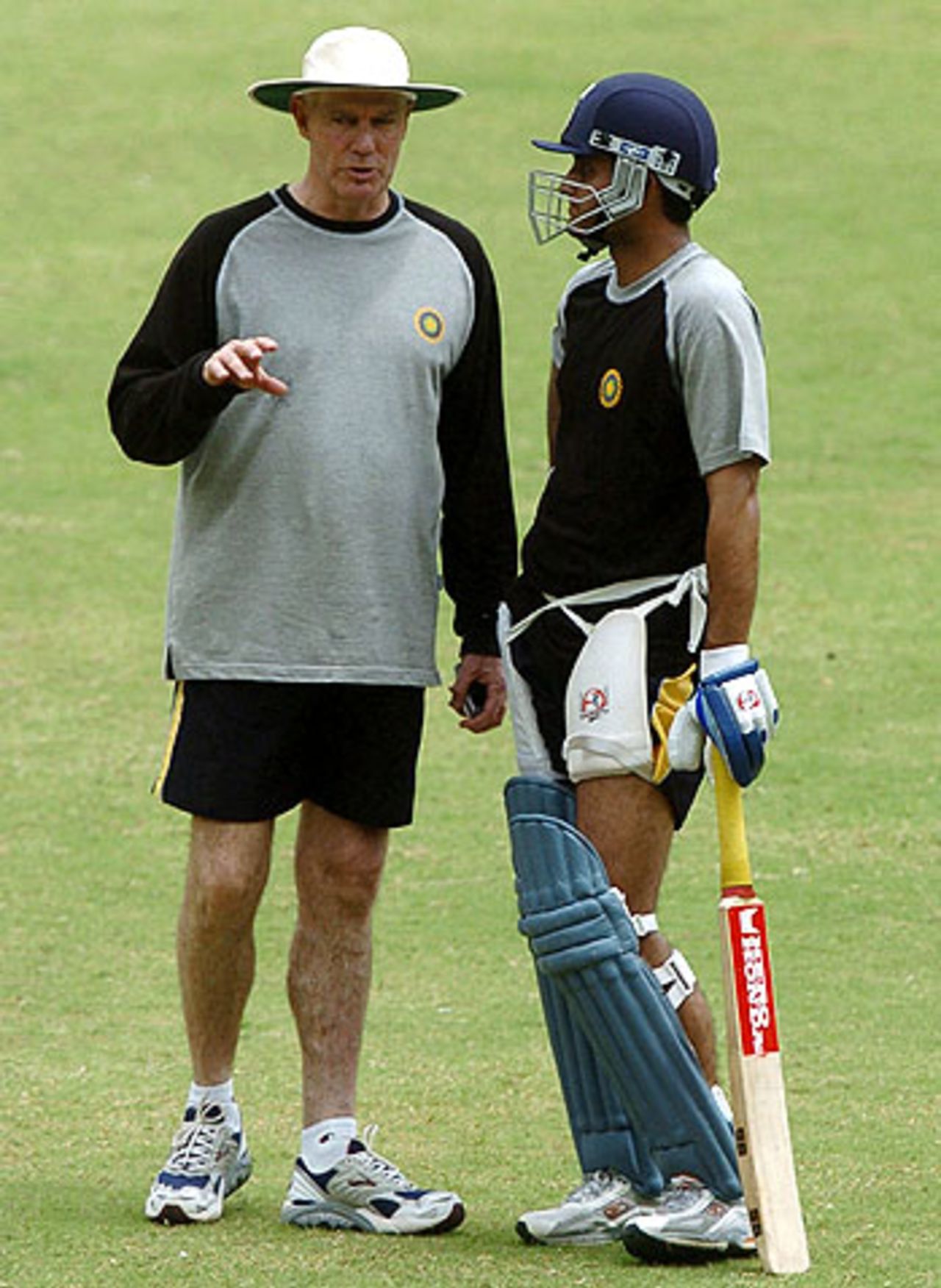 Greg Chappell and Sourav Ganguly have a chat at the preparatory camp in Bangalore