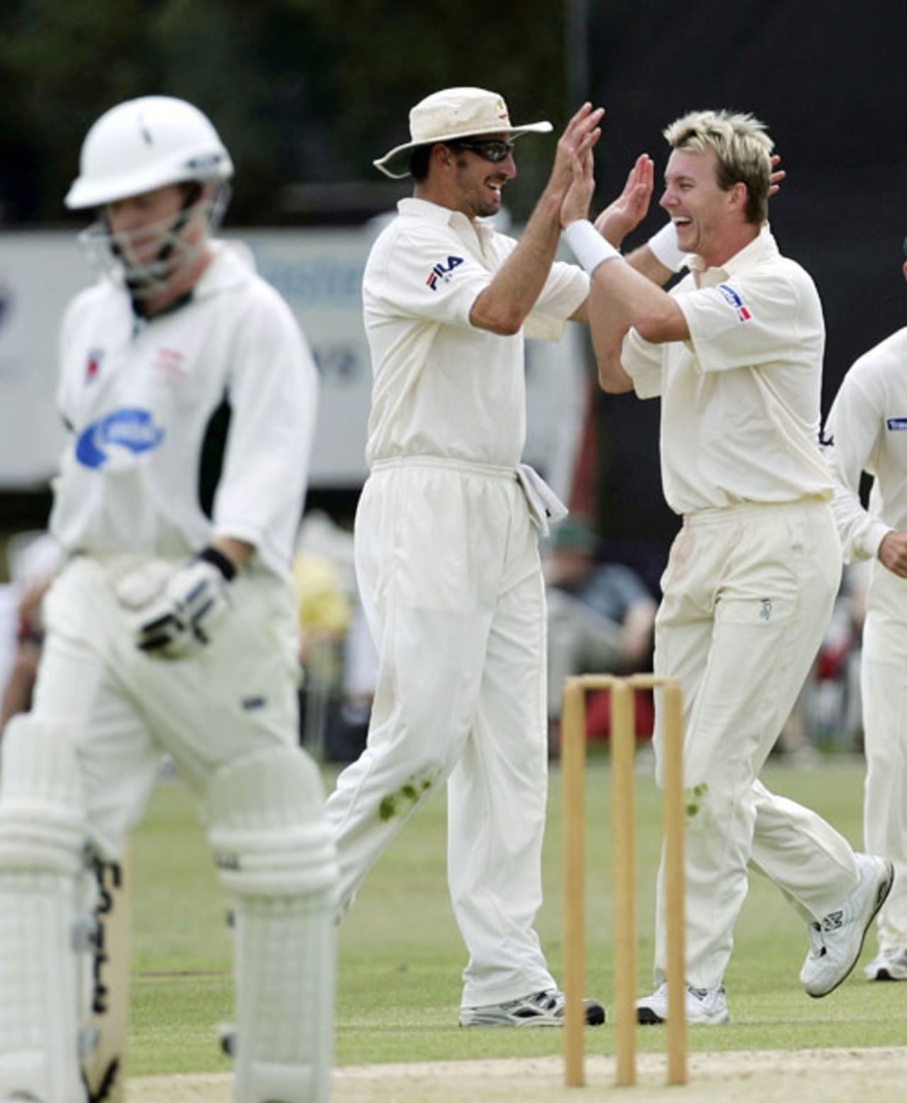 Brett Lee celebrates the wicket of Chris Rogers, Leicestershire v Australia, Grace Road, July 15, 2005