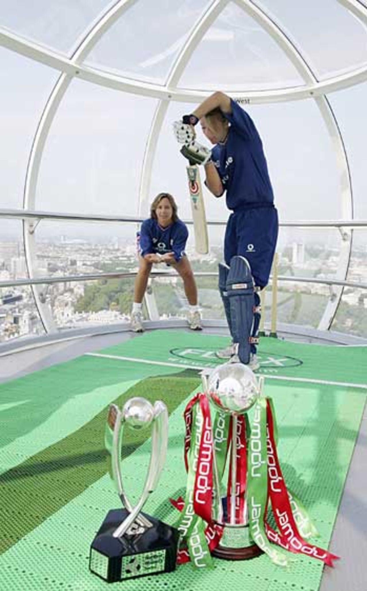 Clare Conner and Rosalie Birch in the London Eye to promote the England Women's Ashes seires, July 18