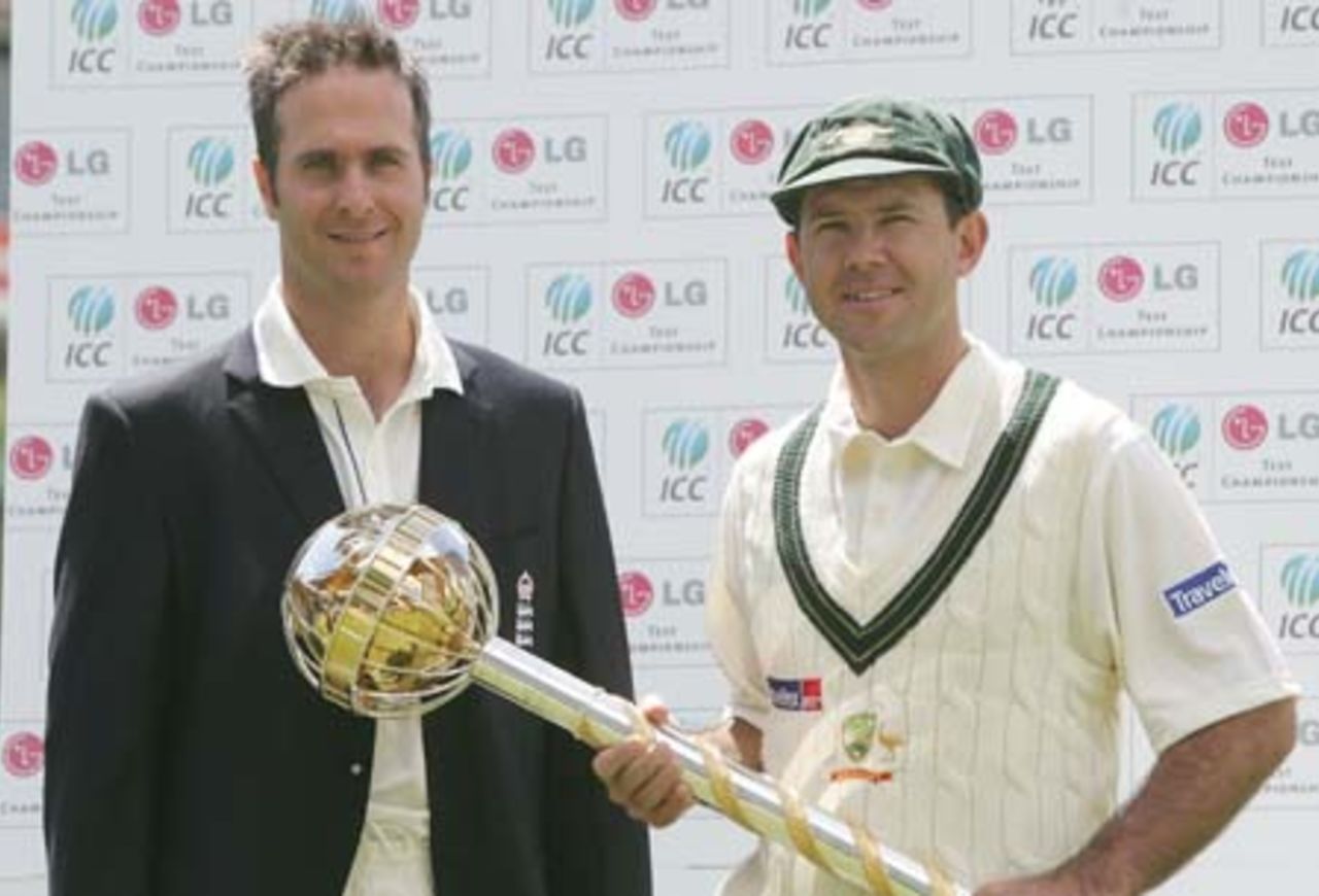 Michael Vaughan of England and Ricky Ponting of Australia pose with the ICC Test Championship Trophy during the media session at Lords prior to the 1st Ashes Test Match on July 20 2005 in London, England.