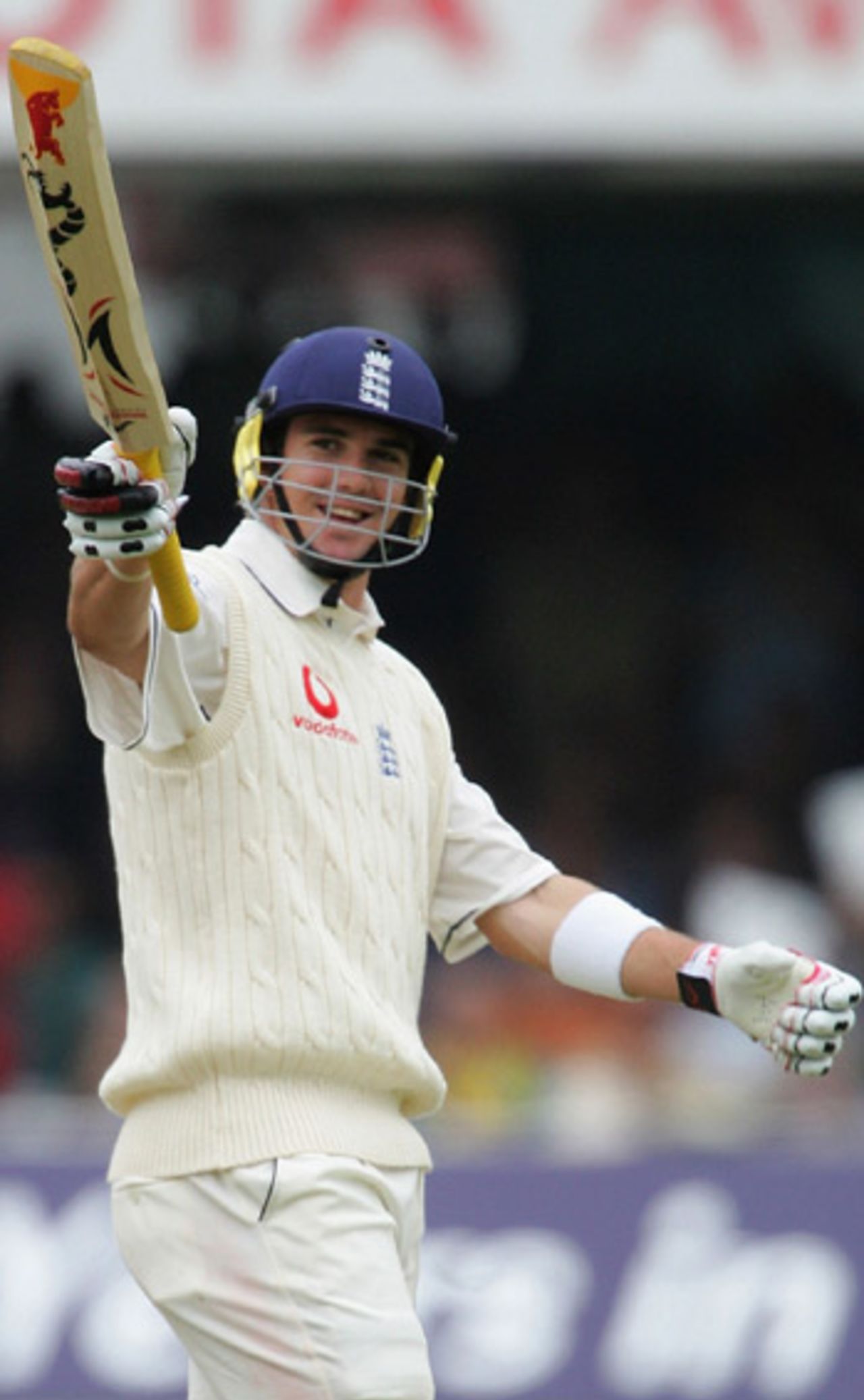 Kevin Pietersen raises his bat after he made 57 on his Test match debut