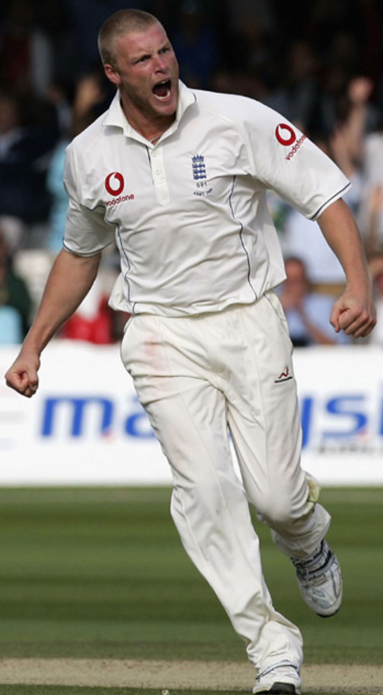 Andrew Flintoff is ecstatic after taking the wicket of Adam Gilchrist, for the second time in the Test, England v Australia, Lord's, July 22, 2005