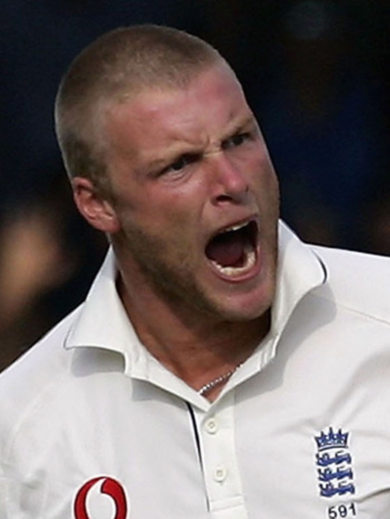 A fired-up Andrew Flintoff after taking the wicket of Adam Gilchrist, England v Australia, Lord's, July 22, 2005