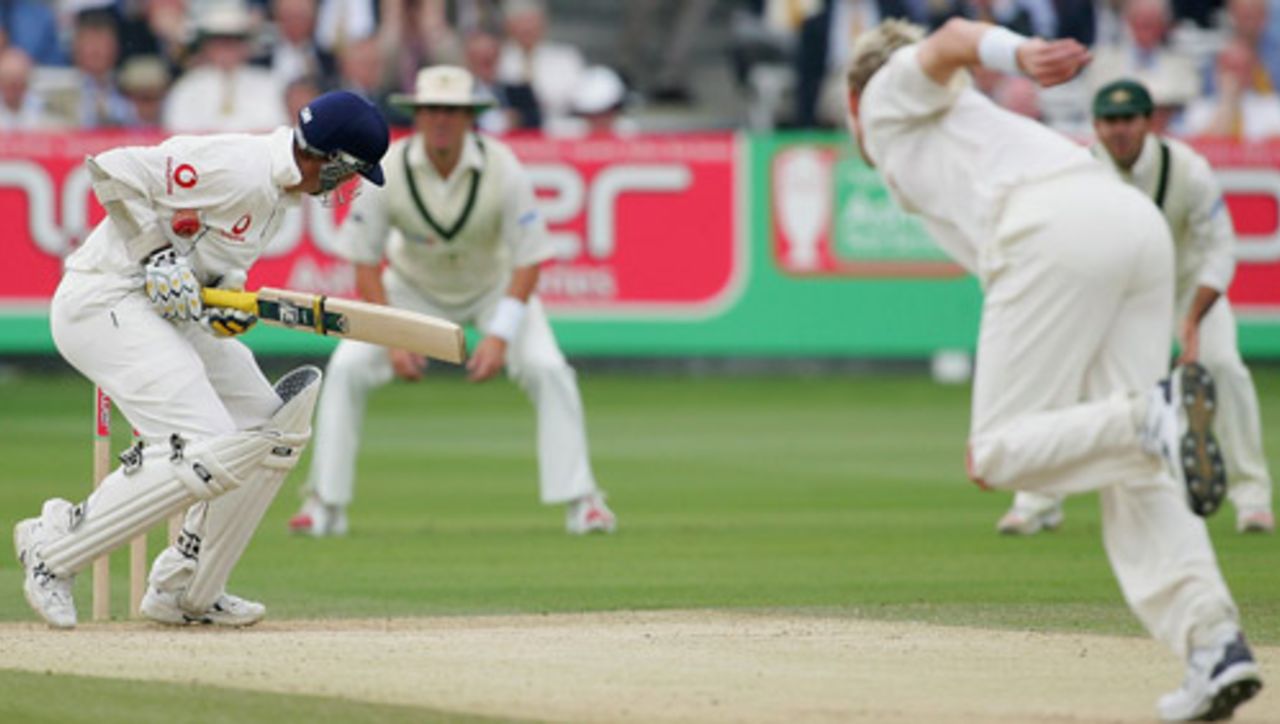Marcus Trescothick ducks underneath a bouncer from Brett Lee, England v Australia, Lord's, July 23, 2005