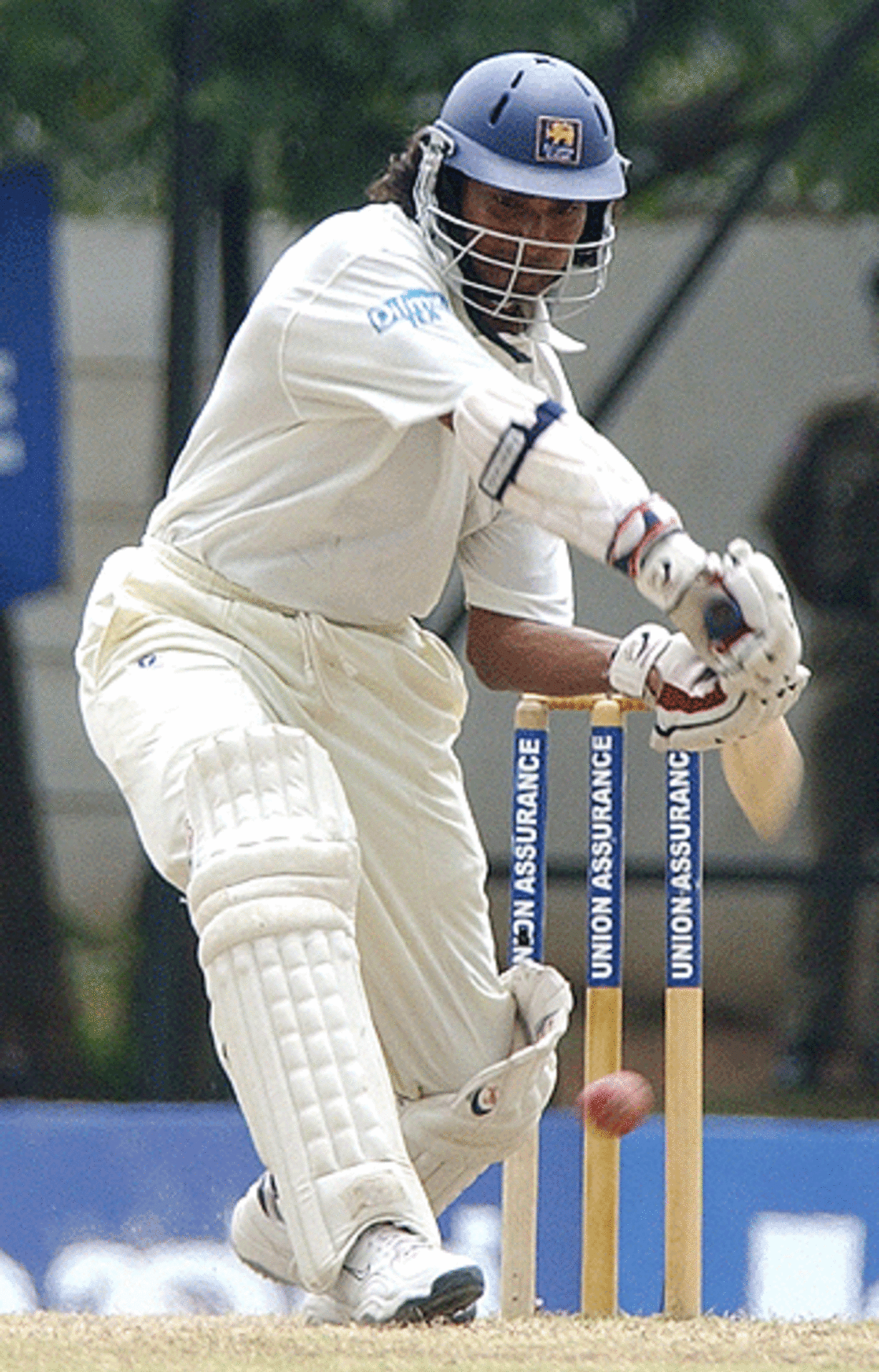 Kumar Sangakkara defends the wicket during the third day of the second and final test match between Sri Lanka and West Indies, at Asgiriya cricket grounds in Kandy, 23 July 2005