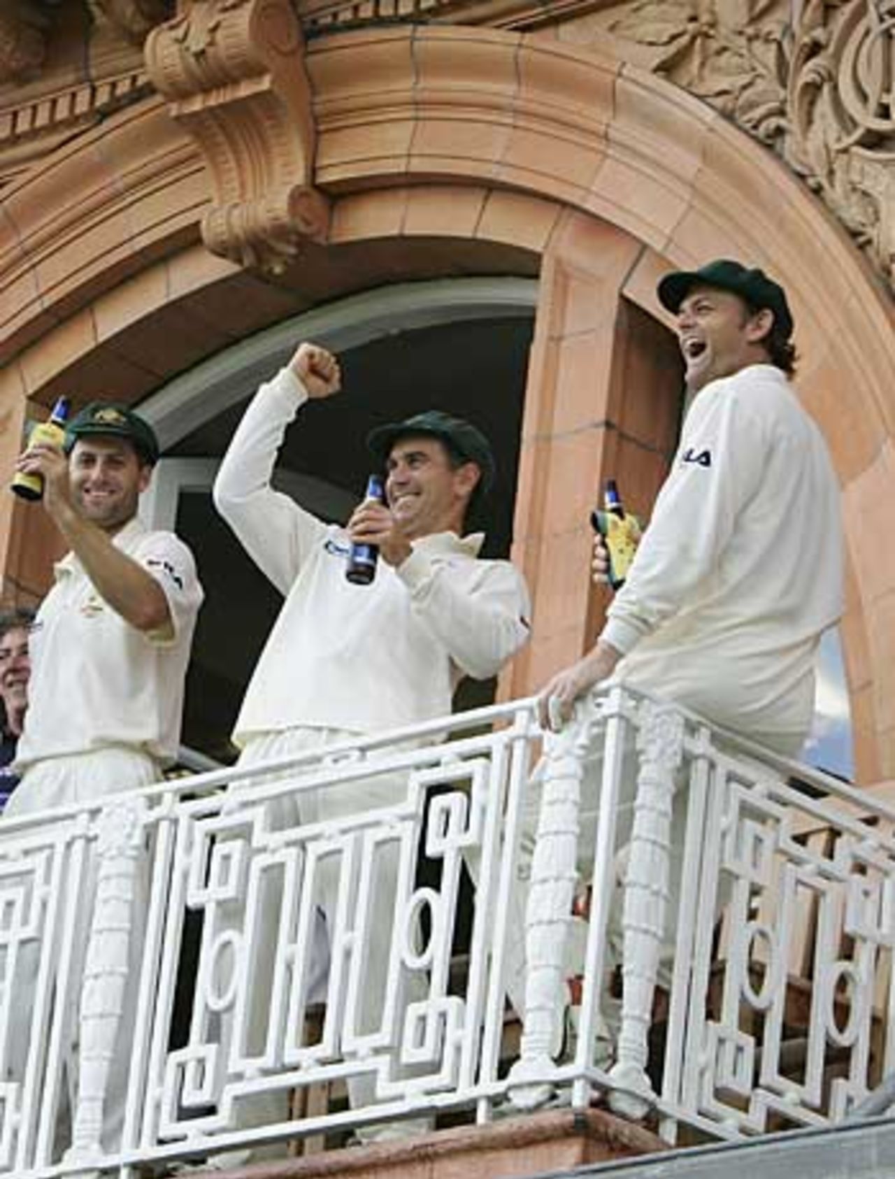 Simon Katich, Justin Langer and Adam Gilchrist celebrate Australia's victory, England v Australia, 1st Test, Lord's, July 24