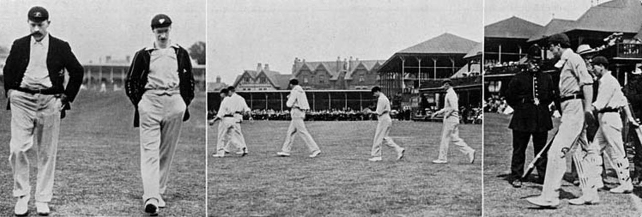 (L-R) Stanley Jackson and Joe Darling return from the toss, won by England; Australia take the field;  Bernie Bosanquet and Johnny Tyldesley resume after lunch on the first day, England v Australia, 1st Test, Trent Bridge, May 29, 1905
