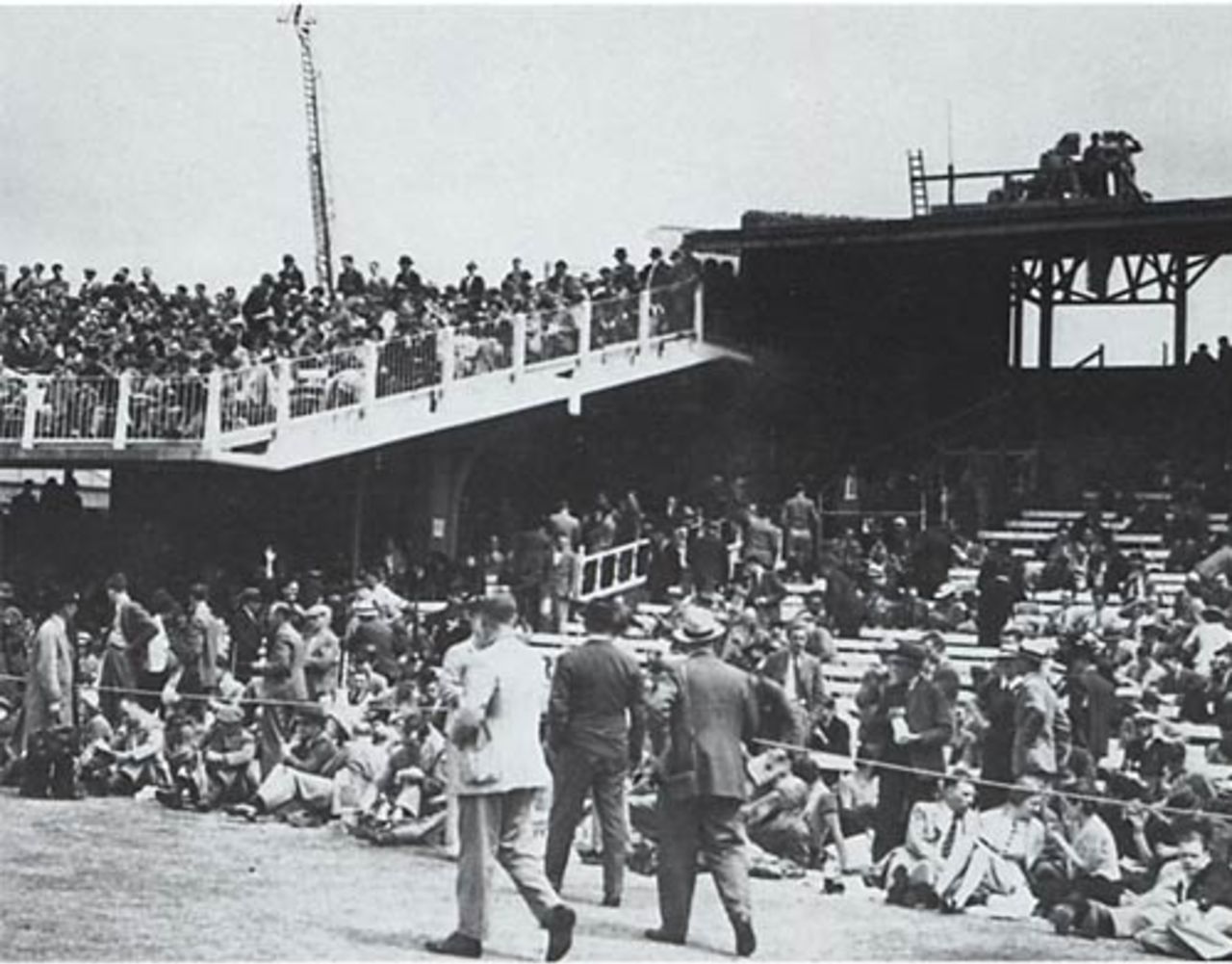 TV cameras at Lord's in 1938 on top of the stand between the Free Seats (now the Edrich Stand) and the Mound. Teddy Wakelam, the commentator, was also situated here, England v Australia, Lord's, 2nd Test, June 1938