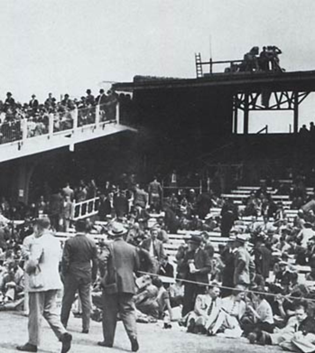 TV cameras at Lord's in 1938 on top of the stand between the Free Seats (now the Edrich Stand) and the Mound.  Teddy Wakelam, the commentator, was also situated here, England v Australia, Lord's, 2nd Test, June 1938