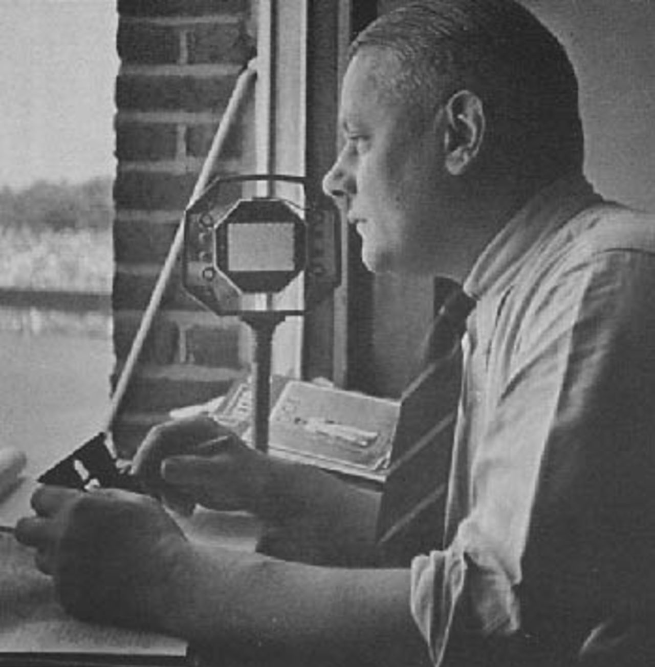 Teddy Wakelam commentating for BBC radio , England v South Africa, Lord's, 2nd Test, June 1935
