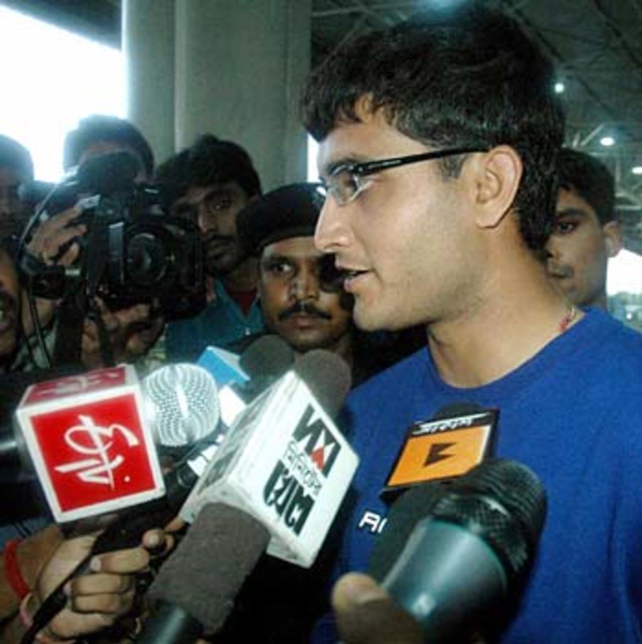 Sourav Ganguly faces the media at Kolkata airport, July 27, 2005