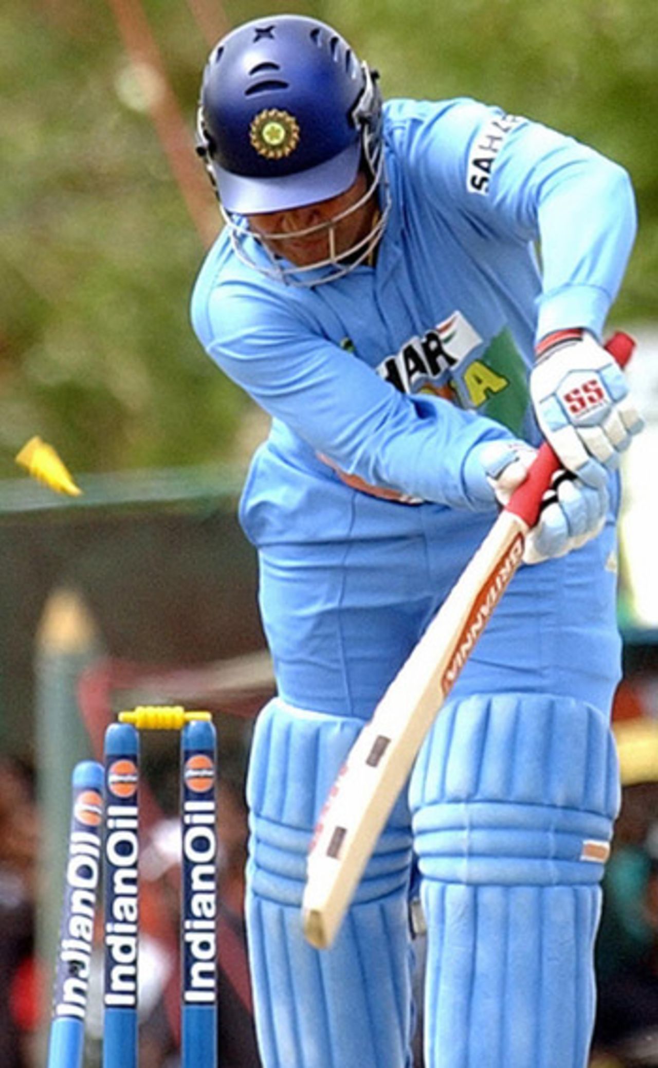 Virender Sehwag is bowled by Farveez Maharoof, Indian Oil Cup, India v Sri Lanka, Dambulla, July 30, 2005