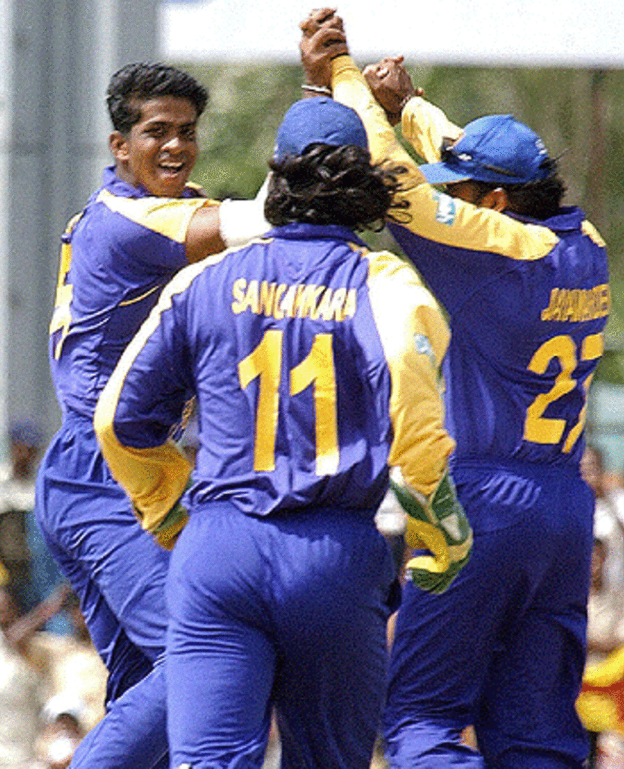 Dilhara Lokuhettige celebrates the dismissal of Mahendra Singh Dhoni at the Dambulla Cricket Stadium, July 30,2005